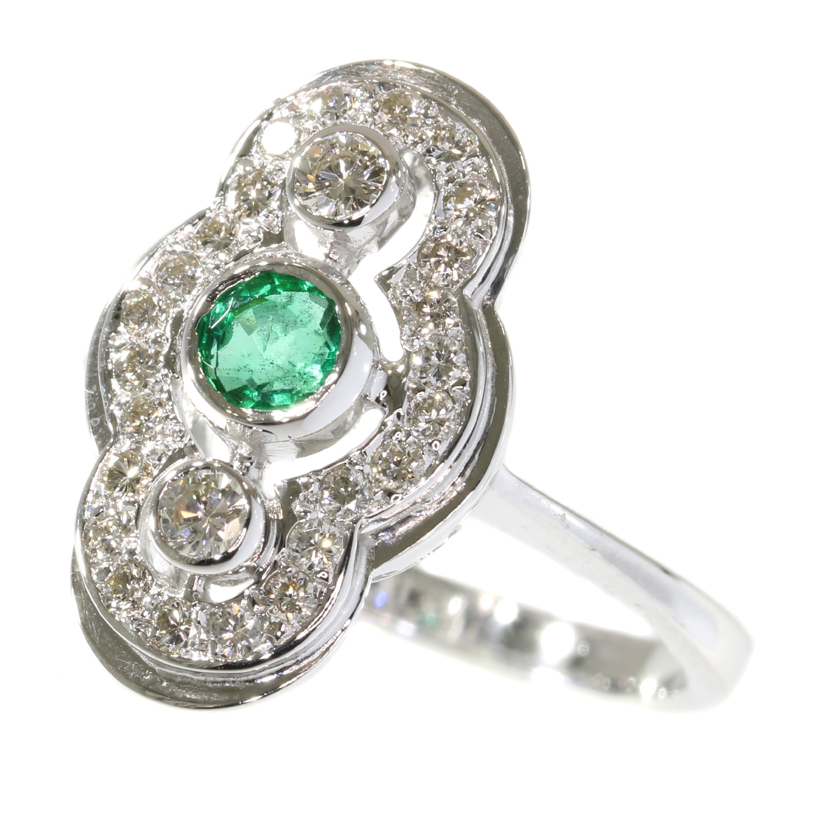 Vintage Art Deco style diamond and emerald ring made in the Seventies